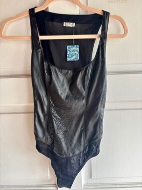 Free People Faux Leather Bodysuit Black XS NWT She’s A Vegan Mesh Back